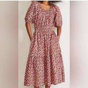 Apiece Apart Nova Red Floral Midi Dress M Organic Cotton Cut Out Back Pockets